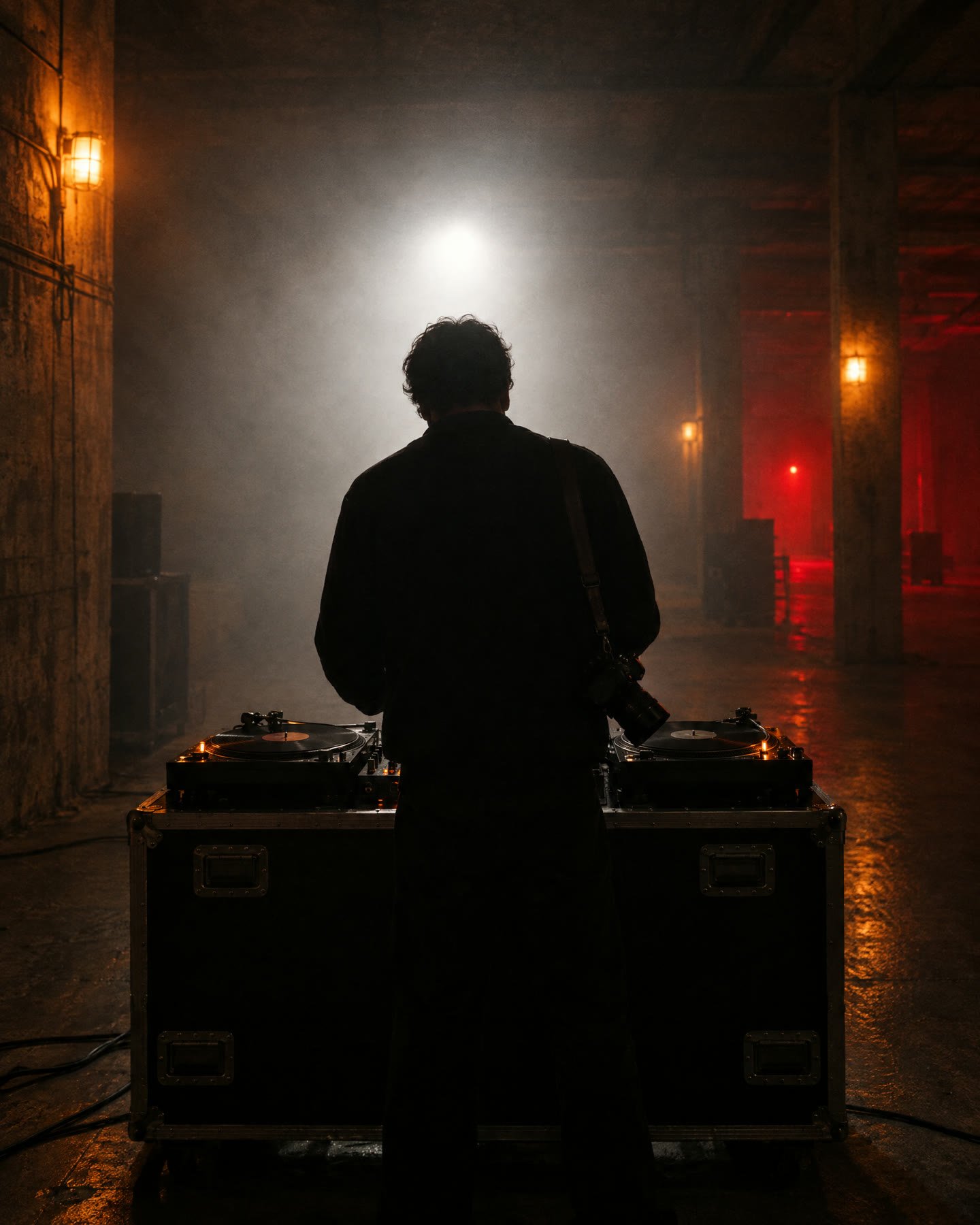 Silhouette of the photographer at DJ turntables with a camera slung over one shoulder