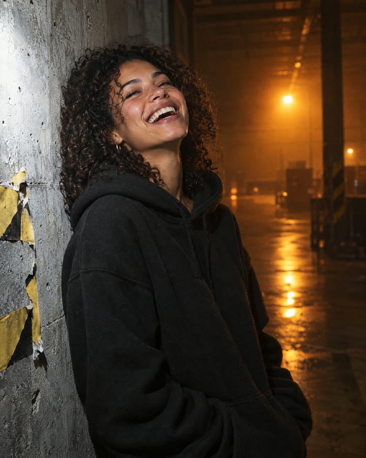 Portrait of a woman laughing against a concrete wall