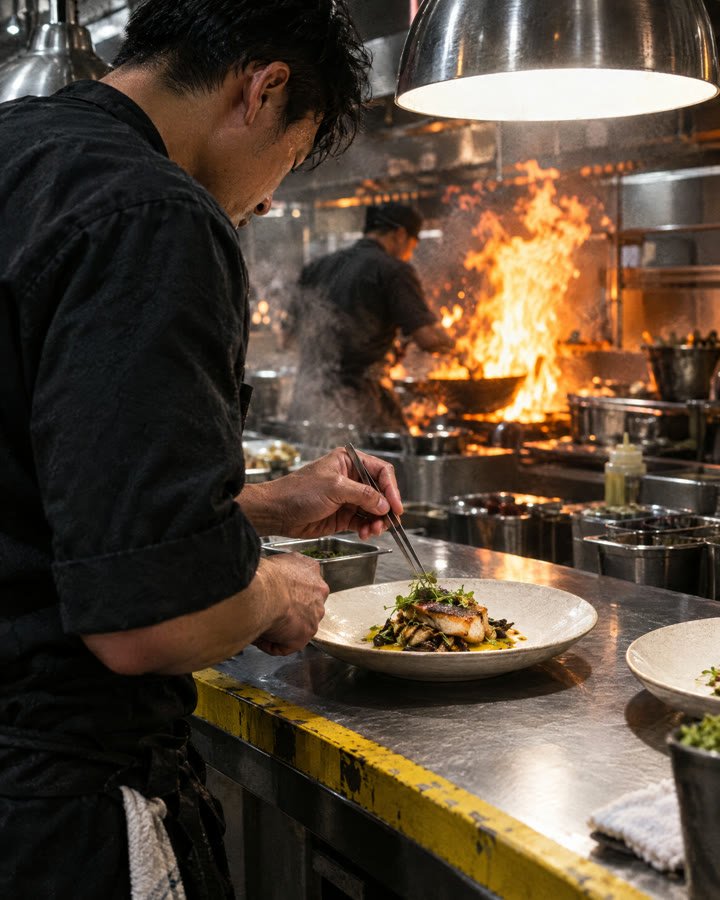 Chef plating a dish in a busy kitchen with flames behind